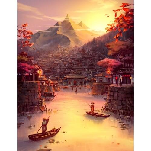 JMINE Div 5D Japan Mountain Country House River Ship Sunset Full Diamond Painting kits art Scenic 3D paint by diamonds