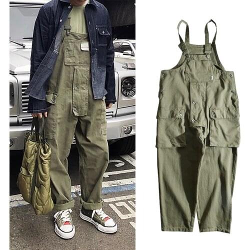 Japanese Spring Autumn New Overalls Pockets Loose Wide-leg Pants Suspenders Men and Women Fashion Streetwear 2021
