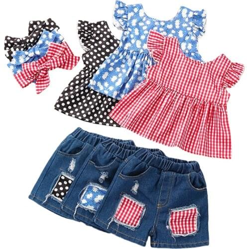 Girl Suits New Summer Baby Girl Plaid Top + Ripped Denim Shorts Child Clothing Sets Fashion Sweet Children Clothes 1-6 Years Old