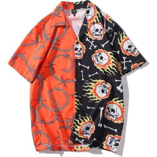Summer New Men Short Sleeve Print Shirt Orange Black Patchwork Vintage Hawaiian Shirt Mens Casual Beach Shirts Man Oversize Tops