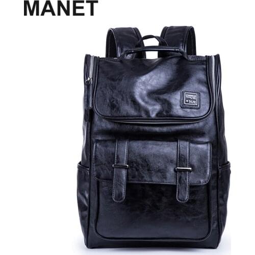 MANET Casual Mens Backpacks Fashion PU Leather Male Handbag Black Leather Backpacks Student Schoolbags Computer Laptop Mochilas