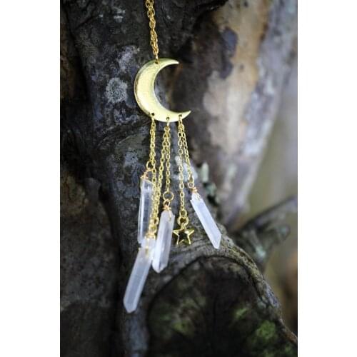 Moon And Quartz Crystal Gold Necklace/Witchcraft Jewelry