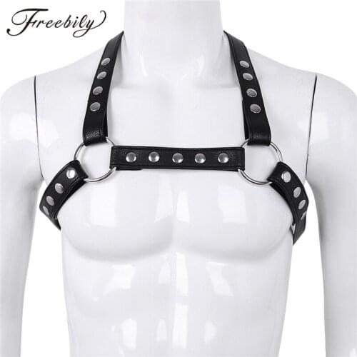 Mens Adjustable Flexible Faux Leather Back X Shape Body Chest Half Harness Belt with Metal O-Rings Cosplay Club Tank Top