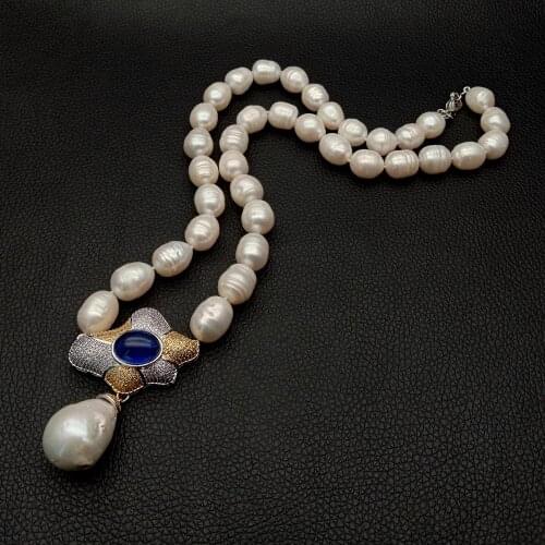 YYGEM 22.5''natural White Rice freshwater Pearl Choker Necklace Nucleated Flameball Baroque Pearl Cz pave pendant necklace