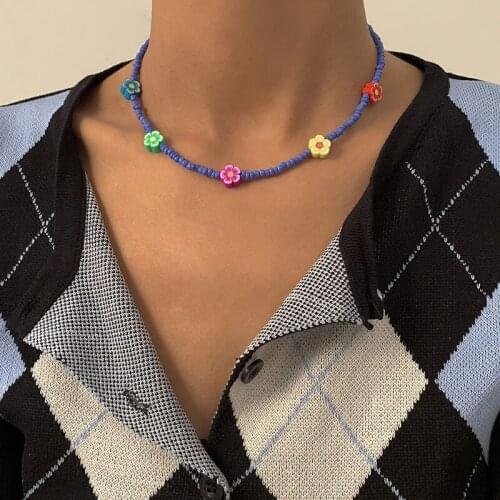 Handmade DIY Colorful Flower Charm Choker Necklace for Women Polymer Clay Floral Collar Necklace Girls Short Neck Chain Jewelry