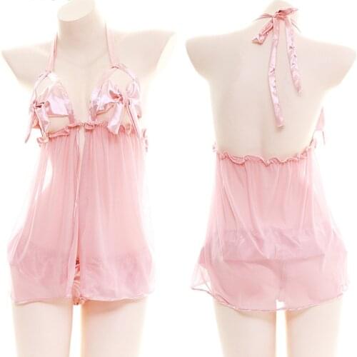 Pink Sexy Transparent Halter Bandge Nightdress Suspender Dress Japanese Lolita Hollow out Underwear Private Room Pajama Suit