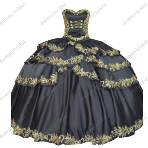Sexy Black and Gold Embroidered Quinceanera Dresses Long Cheap Ball Gown Strapless Satin Corset Vestido De 15 Anos Prom Sweet 16