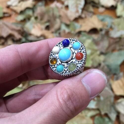 925 silver inlaid natural stone heavy atmospheric retro spinning transit ring custom 5 * 5/8 * 8