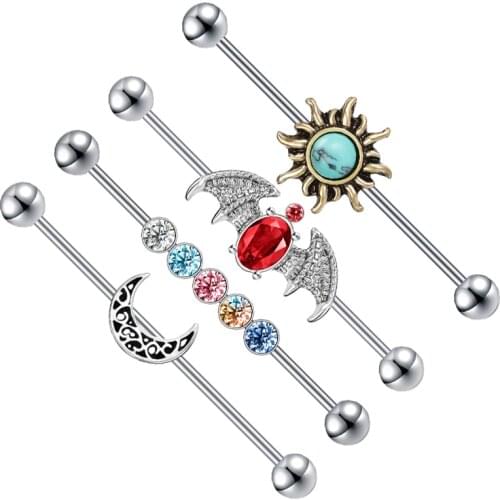 AOEDEJ Stainless Steel Industrial Piercing Earring for Women Men Flexible Opal Long Studs Earring Bat Crystal Cartilage Earrings