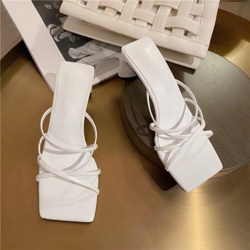 2021 New Orange square toe slippers women fashion narrow band summer shoes women square heel slides outdoor open ladies shoes