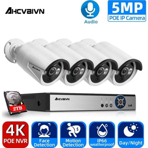 4K 4CH POE NVR HD Face Detection Day/Night CCTV Camera System 5MP Audio IP Camera POE Home Security Video Surveillance Set P2P