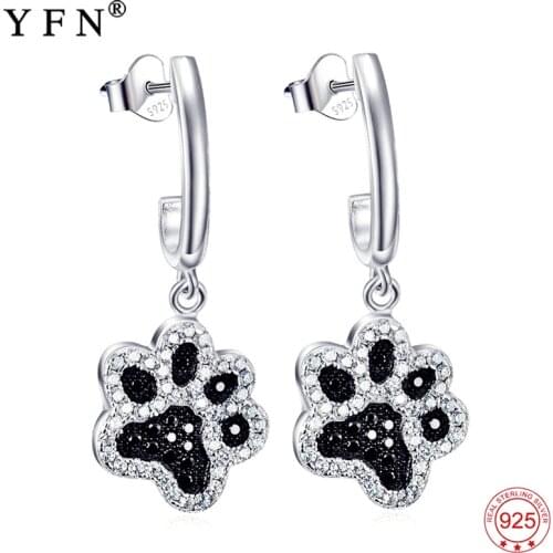 YFN 925 Sterling Silver Earring Black&White CZ Cat Dog Paw Print Drop Earrings For Women Animal Earring Jewelry Womens Earrings