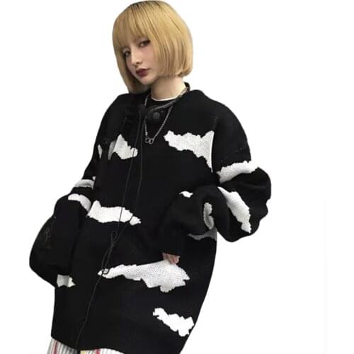 Hip Hop Womens Knitted Pullover Loose Cloud Print Sweater Street Retro Girl Oversized Crew Neck Jumper Winter Couple Top St027