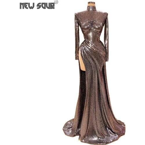 Dubai Design Sequins Evening Dresses High Neck Evening High Split Silt Dress Long Arabic Dubai Prom Dresses 2020 Formal Gowns