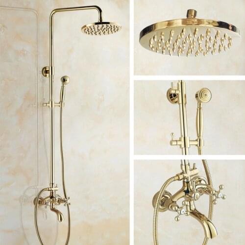 Gold Polished Brass Dual Cross Handles Wall Mounted Bathroom Rain Shower Faucet Set Bathtub Mixer tap agf442