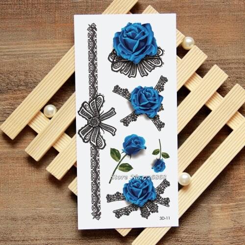3D Lace Blue Rose Fake Tattoo Decals Temporary Tattoo Body Art Flash Tattoo Stickers Waterproof #011