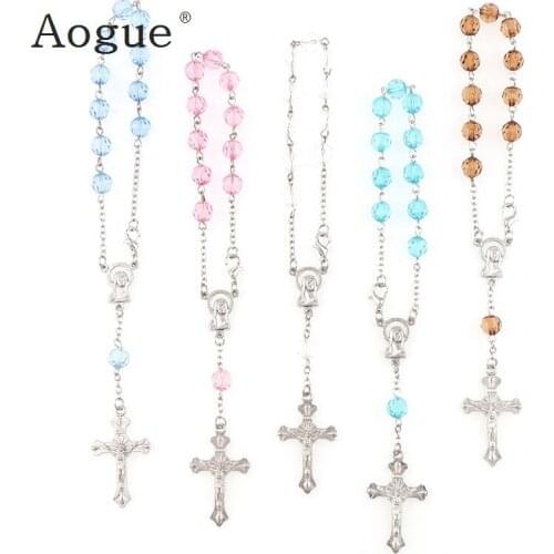 7mm Faceted Acrylic Beads Rosary Bracelet With Silver Lobster Made Metal Maria Center & Jesus Crucifix Cross Pendants