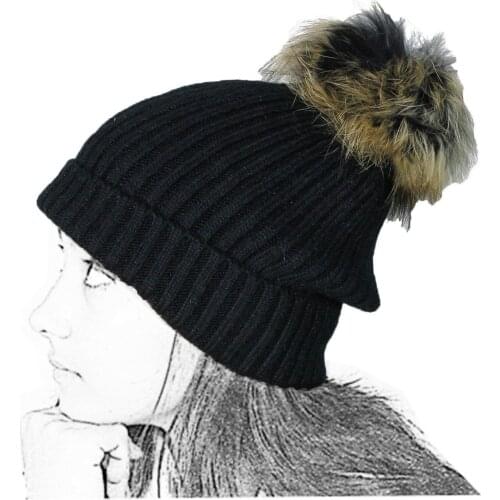 Long Knitted Hat Woman Black Wool Pompon Fur Ball Fur Teddy Double Fabric
