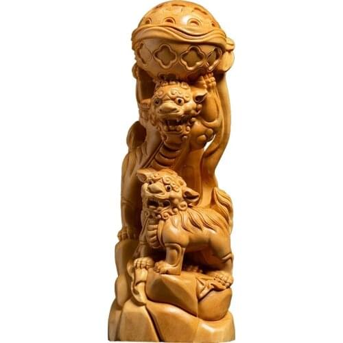 Double Lion Dance Ball Chinese Style Stone Lions Boutique Traditional Folk Craft Feng Shui Sculpture Yellow Solid Wood decor