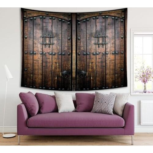Tapestry Ancient Wooden Door Entrance of Old House Rustic Countryside Brown Photo Printed