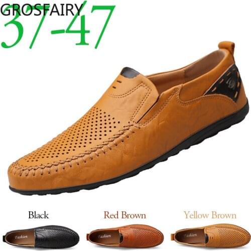 Italian Mens Casual Shoes Summer Leather Mens Loafers Moccasin One-step Mens Flat-bottom Breathable Mens Driving Shoes