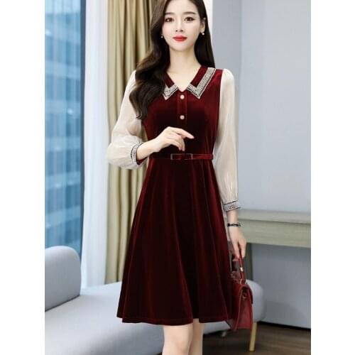 Short velvet party dress women elegant long-sleeved lace stitching velvet dress ladies vintage buttons midi dress female vestido