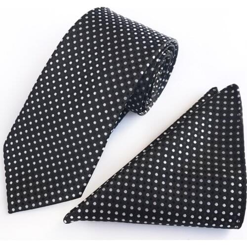 Fashion Polka Dot Necktie Set Black with White Small Dots Ties Pocket Square Sets for Men Accessories