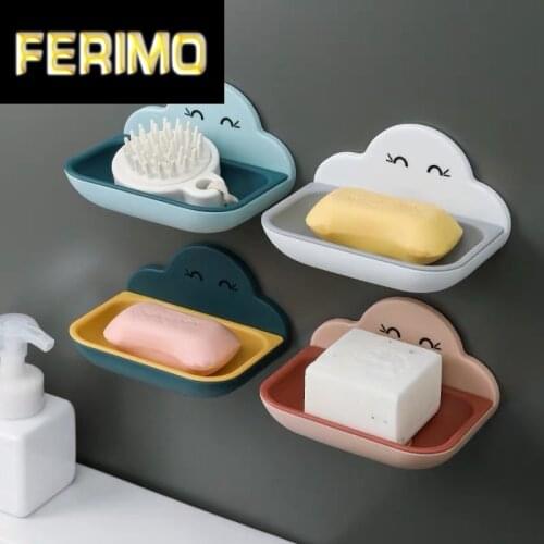 Wall Mounted Self Adhesive Soap Dishes Soap Sponge Dish No Drilling Storage Box Rack Shelf Double Drain Bathroom Soap Holder