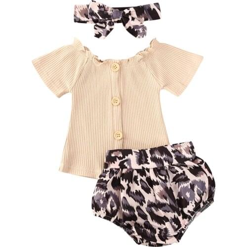 0-18M Newborn Infant Baby Girl Leopard Clothes Knitted Ruffles Tops T shirt Bow Bloomer Shorts Summer Outfits 3Pcs Set