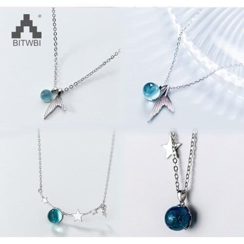 925 Silver Necklace Blue Crystal Five-pointed Star Fish Tail Sweet Pendants Necklace Chain Jewelry for Women Girls