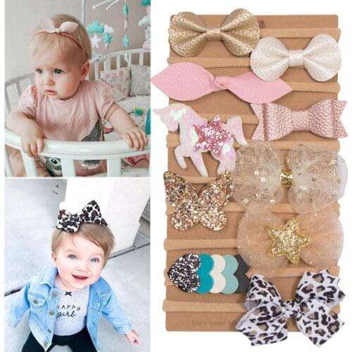 Fashion Baby Girls Hair Bows Headband 10pcs/set Soft Nylon Headbands for Girls Glitter Bow Headband Set Kids Hair Accessories