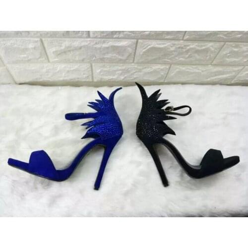 Real photos woman high heel crystal jagged sandal black blue peep toe buckle jagged sandal