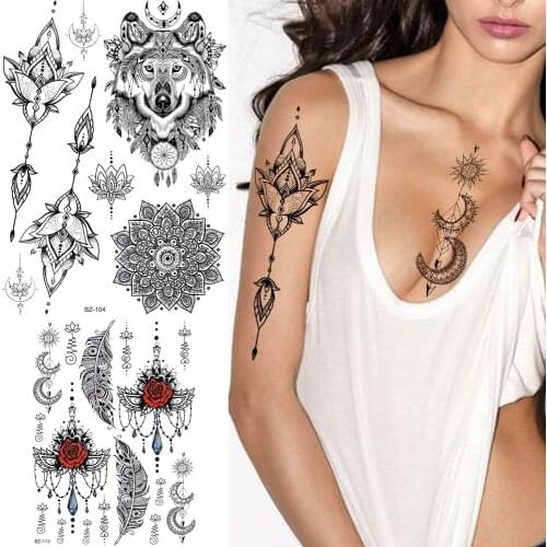 REJASKI Lotus Tribal Wolf Black Henna Temporary Tattoos Sticker Mandala Flower Make Up Sexy Tatoos Art Tattoo Sheet