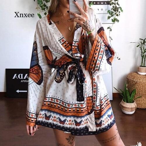 Fashion Butterfly Printed Mini Dresslong Sleeve High Waist Beach Cover Up New Animal Pattern Ladies Dress Spring Summer Clothes