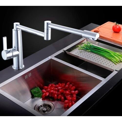 Modern Chrome Finish Solid Brass Deck Mount Hot and Cold Water Kitchen Sink Faucet with Dual Handles Swing Arm Foldable Mixer