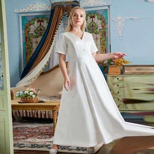 Evening Dress Simple Zipper Back A-Line Elegant Short Sleeves V-Neck Pleat New Floor-Length Plus Size Women Formal Gowns D1061