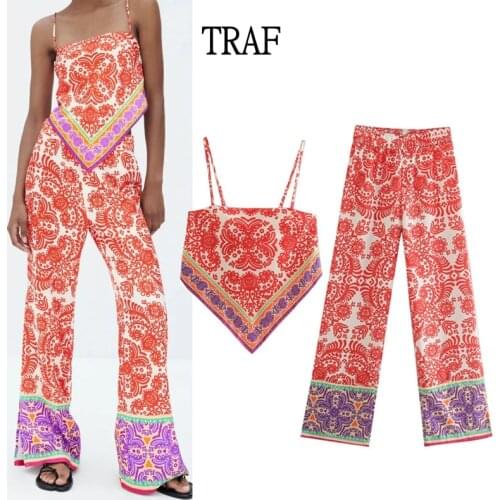 TRAF Za 2 Piece Set 2021 Summer Print Scarf Top Women Blouses + Elastic Waist High-Waisted Woman Pants Chic Loose Wide Leg Pant