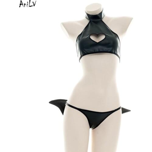 AniLV Love Hollow Little Devil Wings PU Lenther Swimsuit Costume Summer Pool Party Halter Swimwear Uniform Cosplay