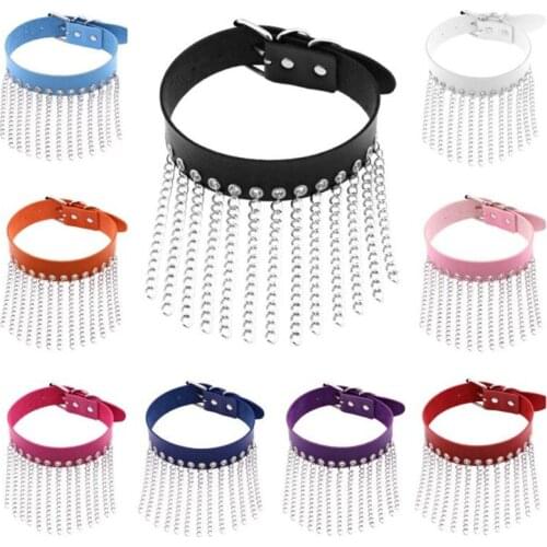 Hip Hop Rock Metal Chains Tassel Necklace Women Punk Goth PU Leather Choker Necklaces Collars Festival Performance Party Jewelry