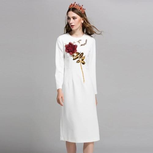 Office New Lady Arrival Women Dresses Autumn Fashion Designer White / Black Rose Knee-Length Long Slevee Sequined Dress