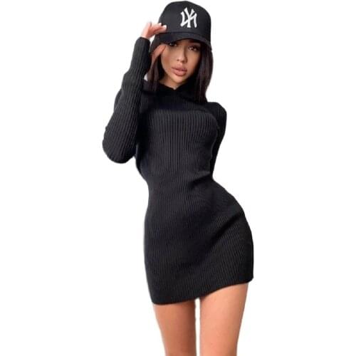 2021 Autumn And Winter Style Commuter Knitted Solid Color Cotton Hooded Long-Sleeved Woolen Short Skirt Dress Women