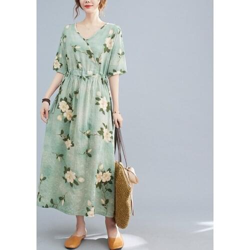 Cotton Linen Print Floral Vintage Prairie Chic Dress 2021 New Arrival Loose Summer Dress Women Travel Casual Beach Style Dress