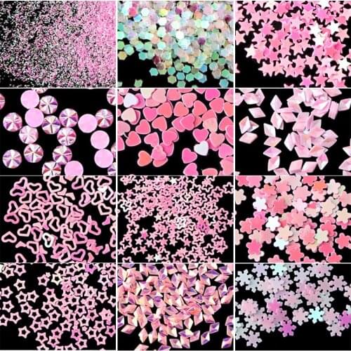 12 Pcs Pink Series Mix Snowflake Heart Star Nail Sequins Shining Nail Glitter Powder Rhinestone Tips Nail Art Decoration