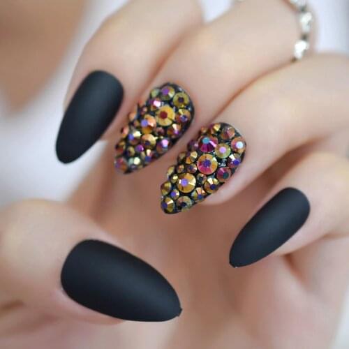 3D Pre-designed Stiletto Nails Custom Matte Gold Rose AB Rhinestones Shiny Press On Fingernails Sharp Nail Tips Black