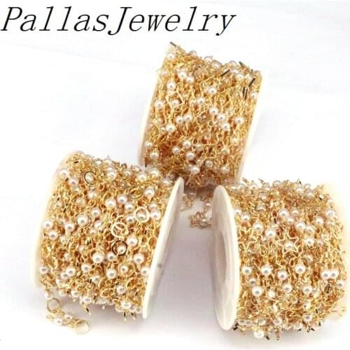 5Meters,Beautiful New Round Shell Pearl Beaded Chain Findings, Metal Wire Wrapped Connector Rosary Chains Jewelry