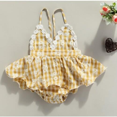 Cute Infant Baby Girl Halter Bodysuit Dress Yellow Plaids Floral Sleeveless Tutu Bodysuit Dress Summer Toddler Baby Clothes 0-2Y
