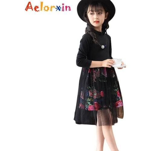 2018 Spring Long Sleeve Mesh Floral Print Full Sleeve Kids Clothing Spring Autumn Fashion Children Girls Dresses 4 5 6 7 8 9 15T
