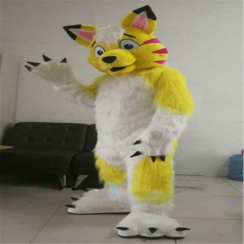 Halloween Long Fur Yellow Husky Wolf Dog Mascot Costume Fursuit Party Dress Outfits Carnival Halloween Xmas Easter Ad Clothes