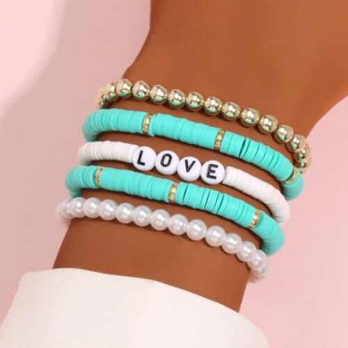 KMVEXO Ethnic Bohemian Colorful Polymer Clay Bracelet for Women Handmade DIY Letter Beads Pearl Bracelets Set Femme Jewelry