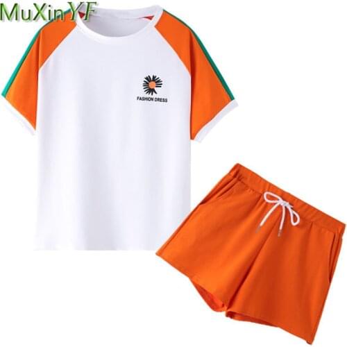Fashion Daisy Print 2 Pcs Shorts Set Summer 2021 Women Casual Loose Sports Yoga Running T Shirt+short Pants Suit Lady Clothing